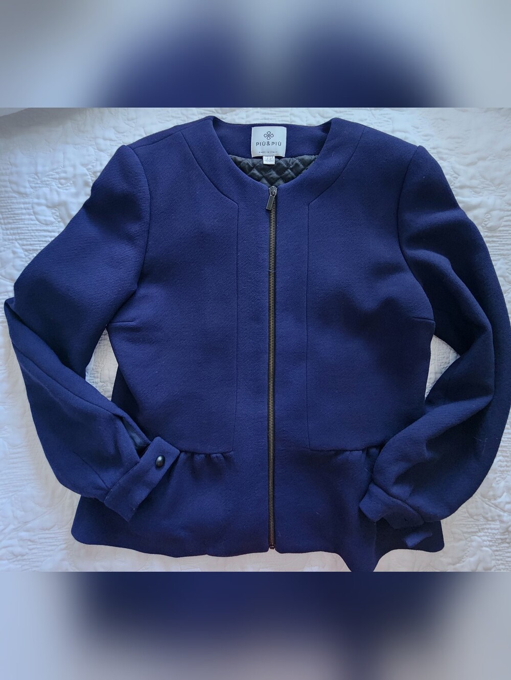 PIÙ & PIÙ Italy Navy Blue 75% Wool Zip-Up Peplum Jacket Coat - Size US 10 / M